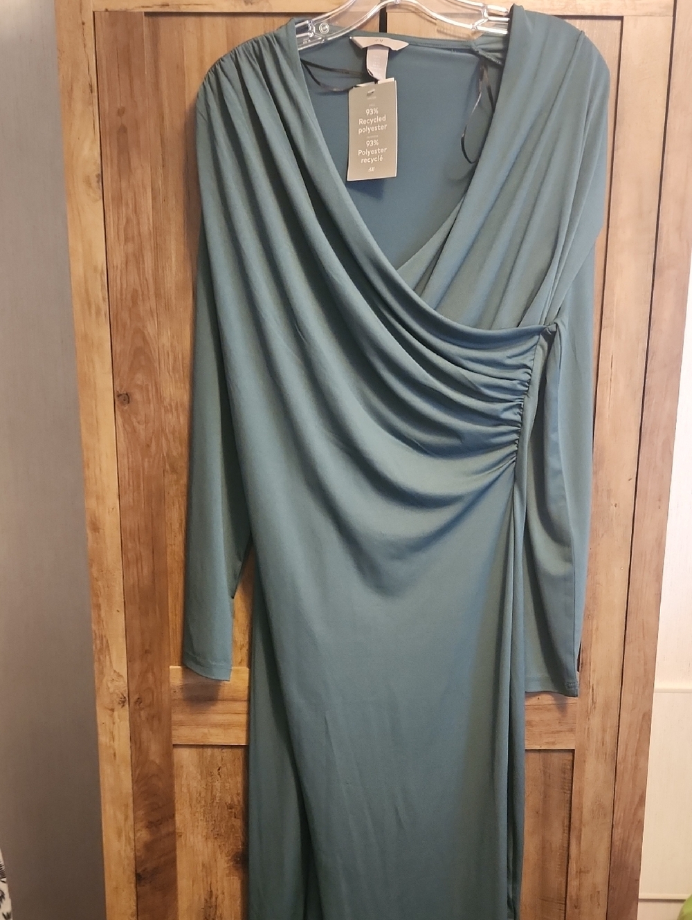H&M Sage Green Long-Sleeve Draped Wrap Maxi Dress